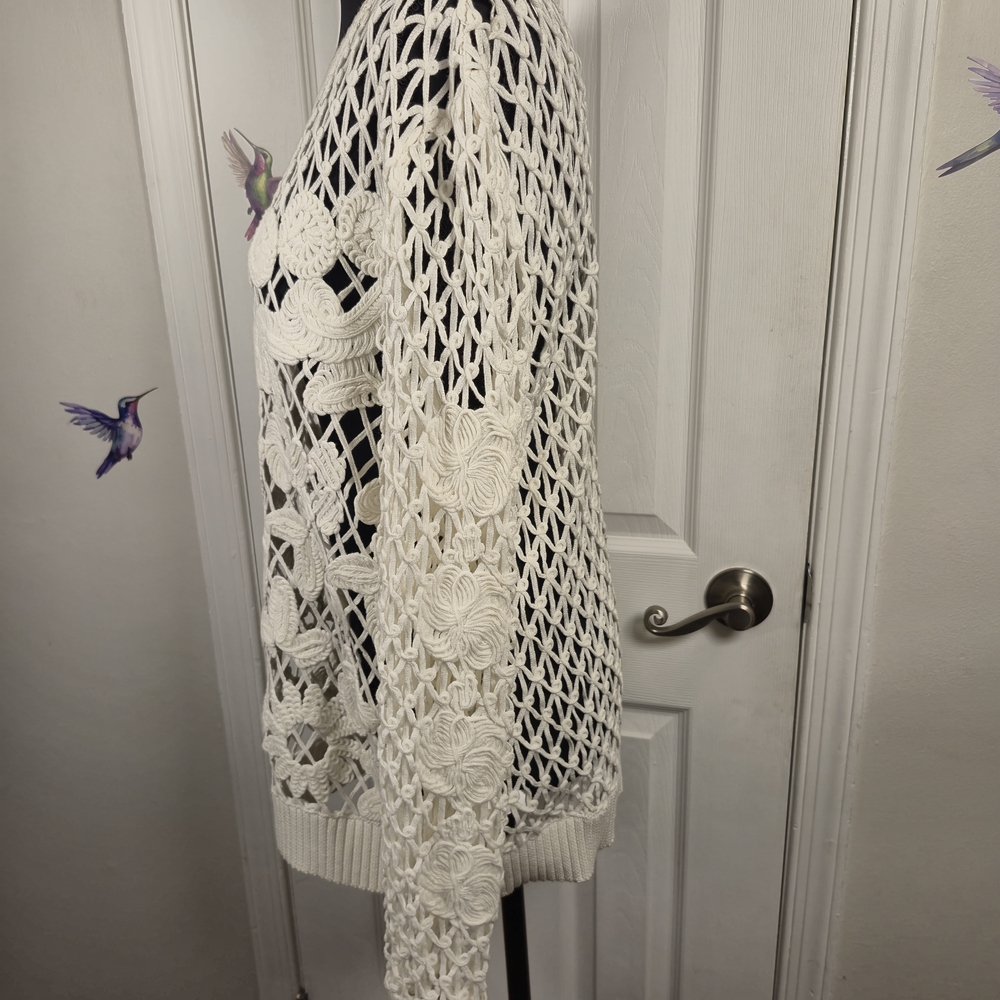 Next White Boho Chic Intricate Floral Crochet Knit Open Weave Sweater Size L - Picture 5 of 8